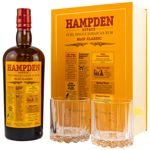 Hampden, HLCF Classic, Pure Single Jamaican Rum, 60 % Vol., 700 ml Geschenkpackung mit Gläsern