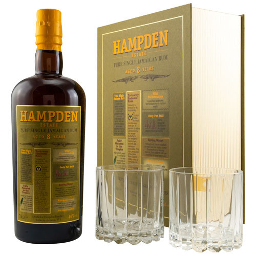 Hampden, Pure Single Jamaican Rum, 8 y.o., 46 % Vol., 700 ml Geschenkpackung mit Gläsern